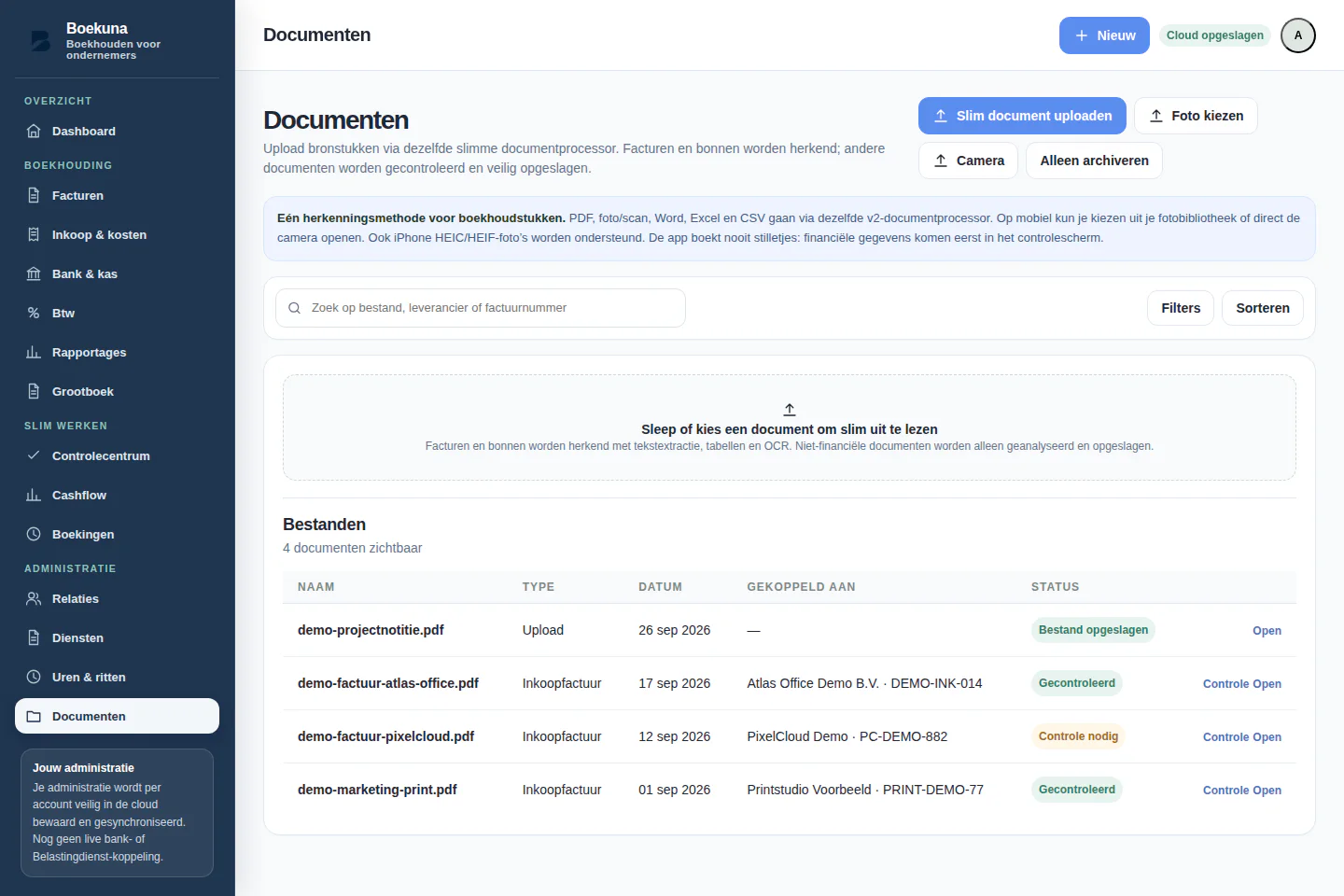 Documenten in de echte Boekuna-app met verificatiestatussen