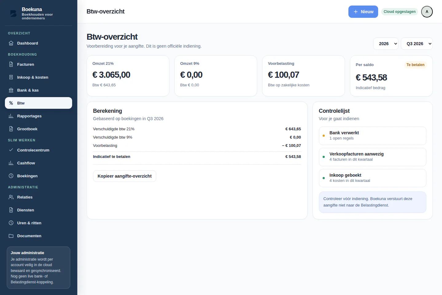 Echt Boekuna btw-overzicht met kwartaalpositie en controlelijst